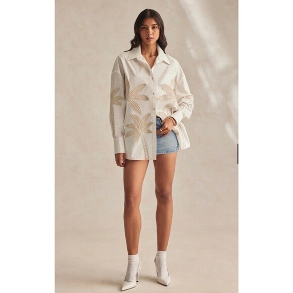 Hemant and Nandita Ari Button Up Shirt Off White Palm Embroidered Long Sleeve XS - Picture 2 of 10